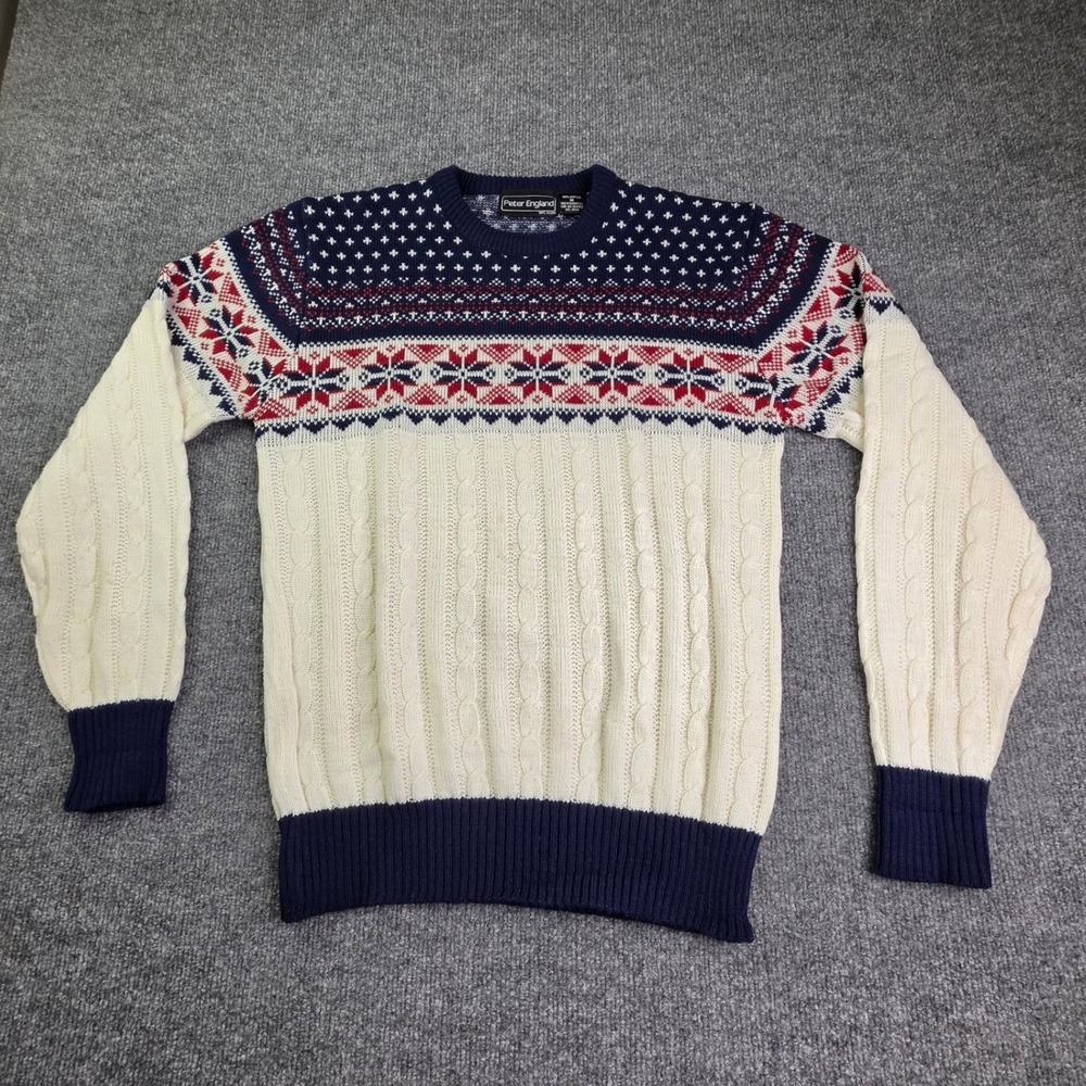 Peter England Sweater Mens Medium Cream Fair Isle Cable Knit Crew Neck Pullover